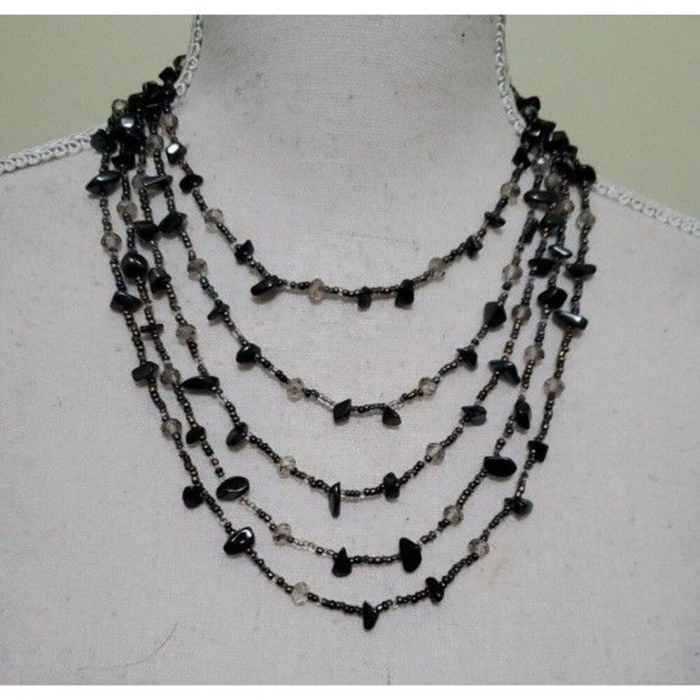 Vintage Charcoal Beaded 5 Strands 11" Necklace
